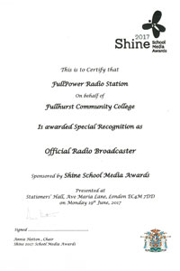 Shine Awards Certificate